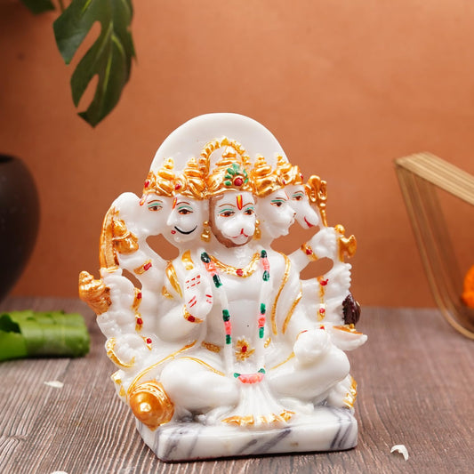 Panchamukhi Hanuman Murti/Statue | Marble-Polystone | White-Gold