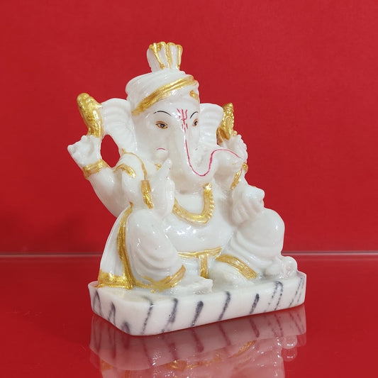 Mangal Murti Ganesh Murti/Statue | Vighnaharta Ganesha: Cultivating Wisdom and Prosperity/ विघ्नहर्ता गणेश: बुद्धि और समृद्धि का विकास |  Marble-Polystone | White-Gold