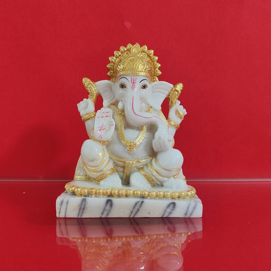 Ganesh Murti/Statue | Ganesh Ji: The Protector of New Beginnings/ गणेश जी: नई शुरुआत का रक्षक|  Marble-Polystone | White-Gold